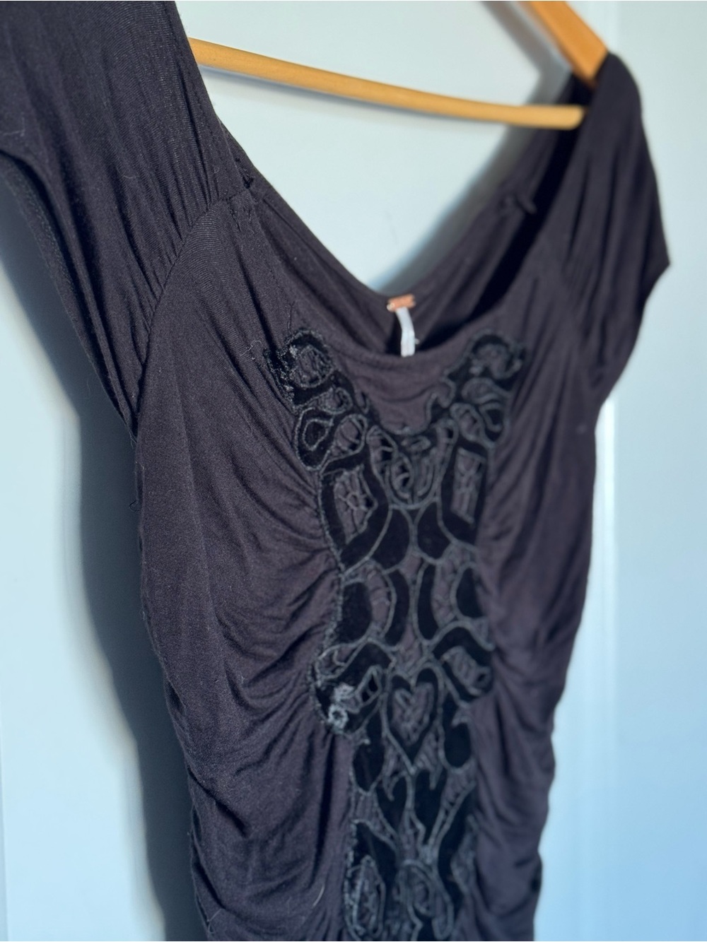 Free People Black Ruched Top with Velvet Appliqué, XS